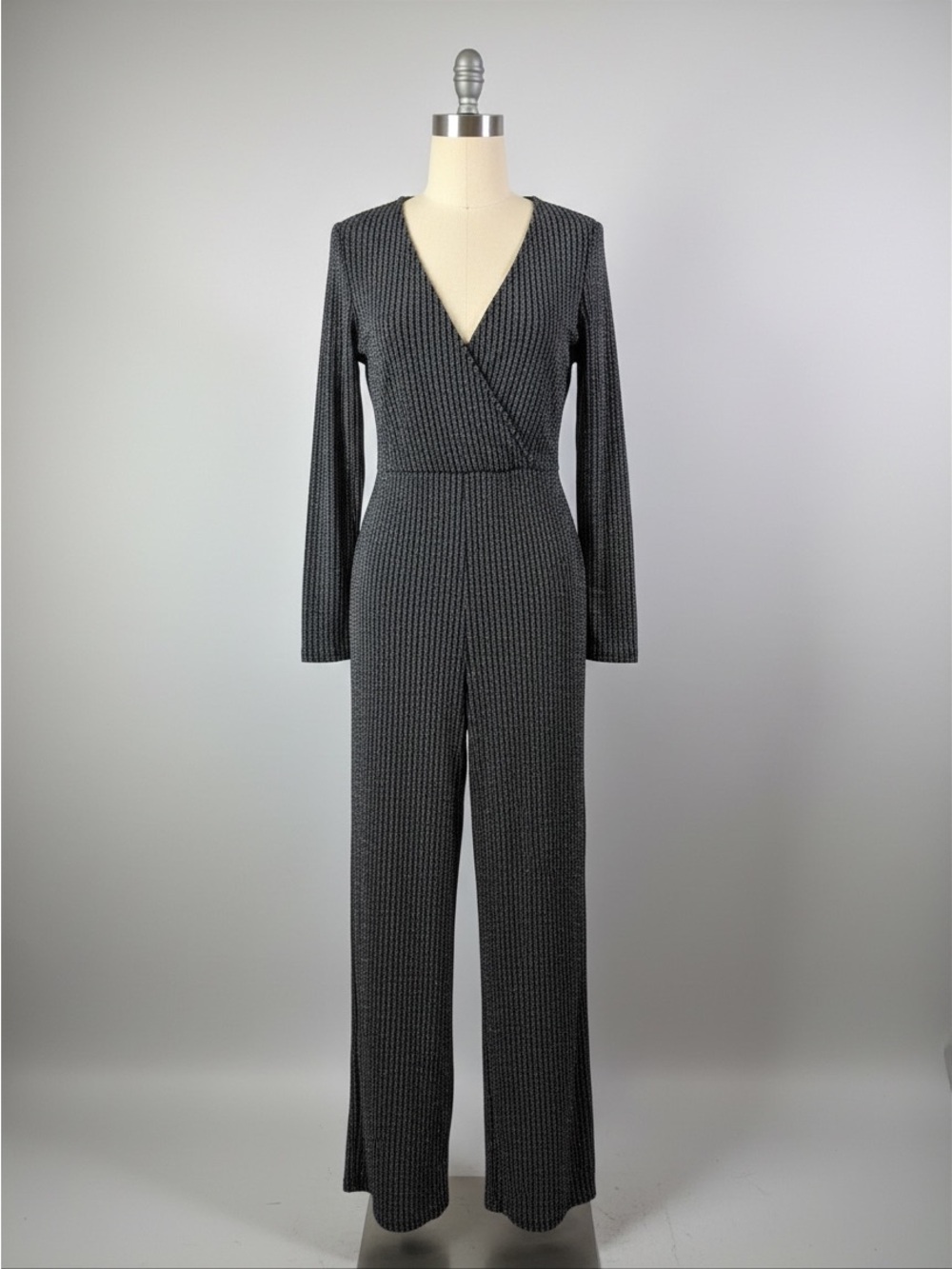 Women’s Black Metallic Ribbed Wrap Jumpsuit - Size: M